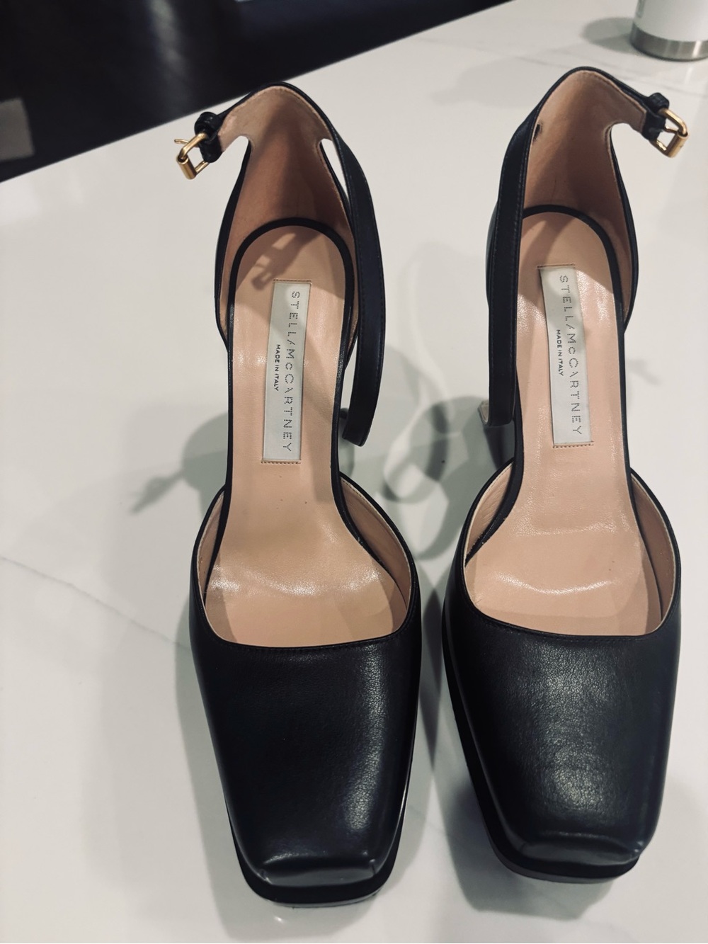 Stella McCartney Black Square-Toe Ankle-Strap Heels with Gold Buckles